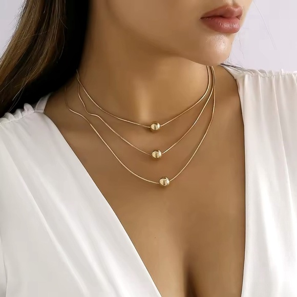 18K Gold Plated Multiple Layered Chain With Beads Necklaces 2(Pcs) Set - Picture 1 of 7